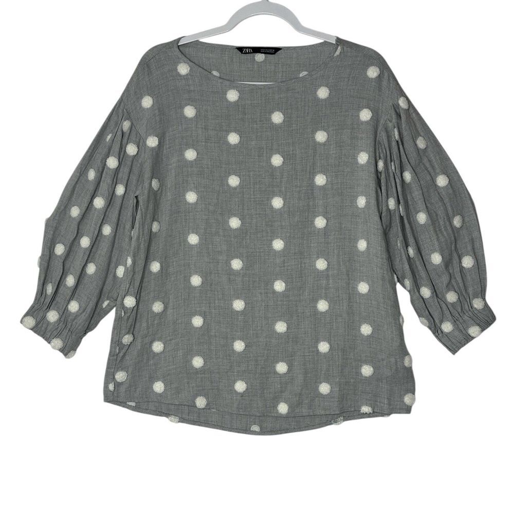 Zara Blouse Womens Small Gray White Polka Dot Pom Pom Puff Sleeve Textured Top